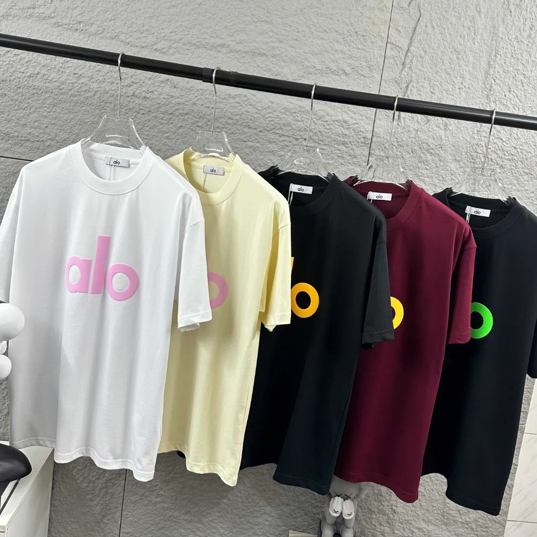 Alo*2026 Spring and Summer New Arrival Classic simple letter three-dimensional foaming process personalized logo custom double yarn plain cotton fabric short-sleeved T-shirt men and women Same Style Color: Black White Apricot Black Angora Red Size: S (90-130 pounds) M (120-150 pounds) L (140-165 pounds) XL (160-180 pounds) XXL (180 kilograms)