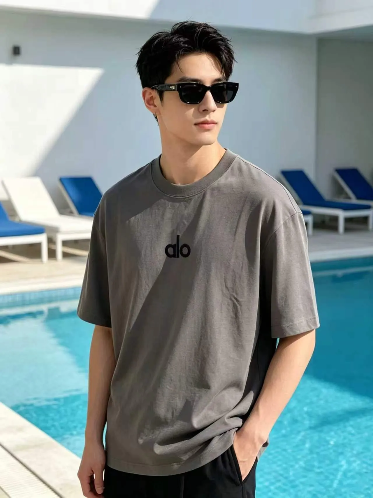 alo front and back small letters embroidered logo Spring and summer New Arrival Double sand plain short-sleeved pure cotton fabric, different from ordinary fabrics, tight yarn, long-lasting washing without deformation, slightly wide version of T-shirts for men and women Same style. Color: Black White Blue Gray Size: S (90-130 pounds) M (125-140 pounds) L (135-160 pounds) XL (160-180 pounds) XXL (180 pounds)
