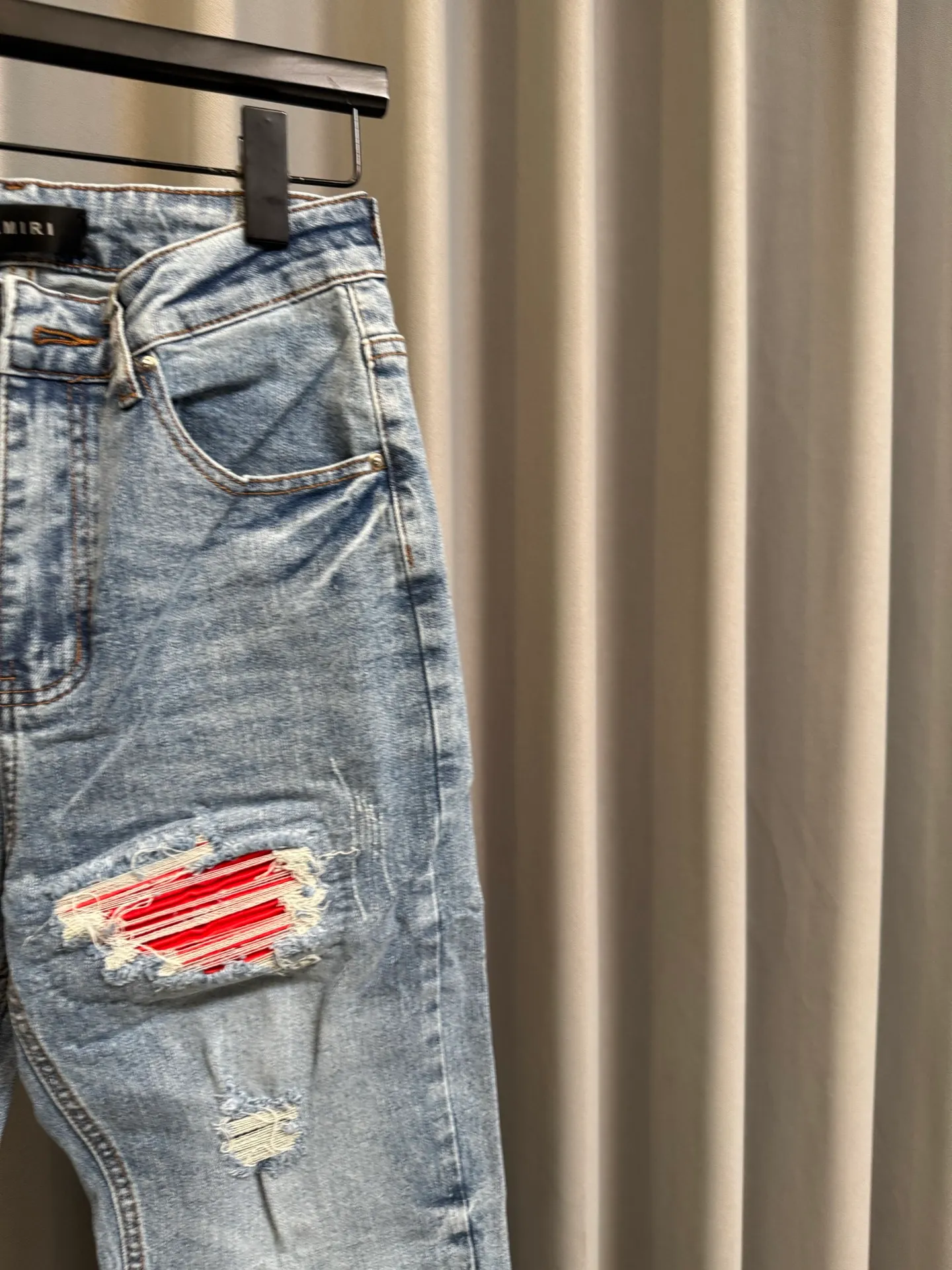 [High version] Amiri MX 1 26Ss patchwork leather ripped knife-cut slim fit washed jeans (blue) Size: 28 30 32 34 (s-xl)