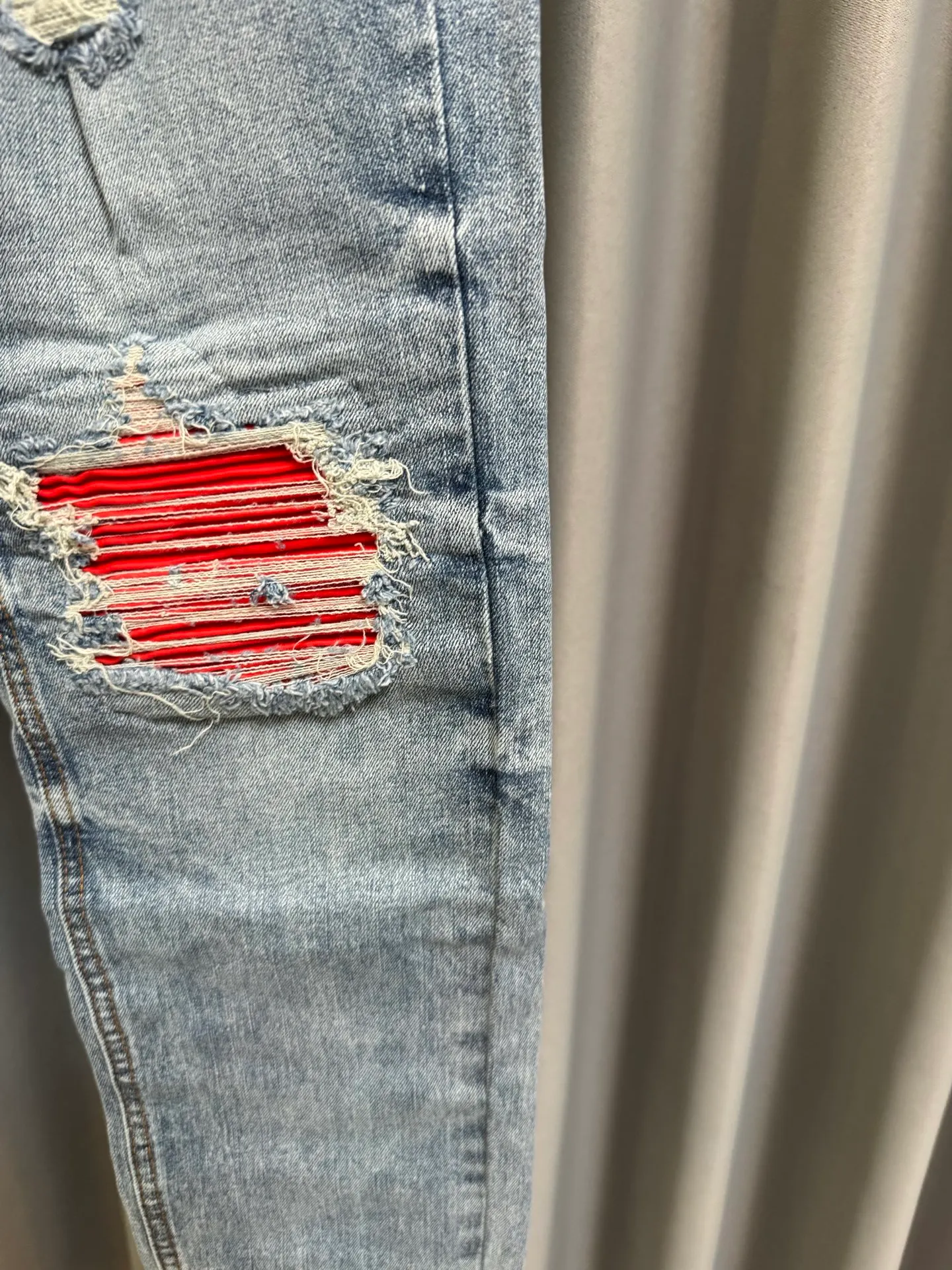 [High version] Amiri MX 1 26Ss patchwork leather ripped knife-cut slim fit washed jeans (blue) Size: 28 30 32 34 (s-xl)