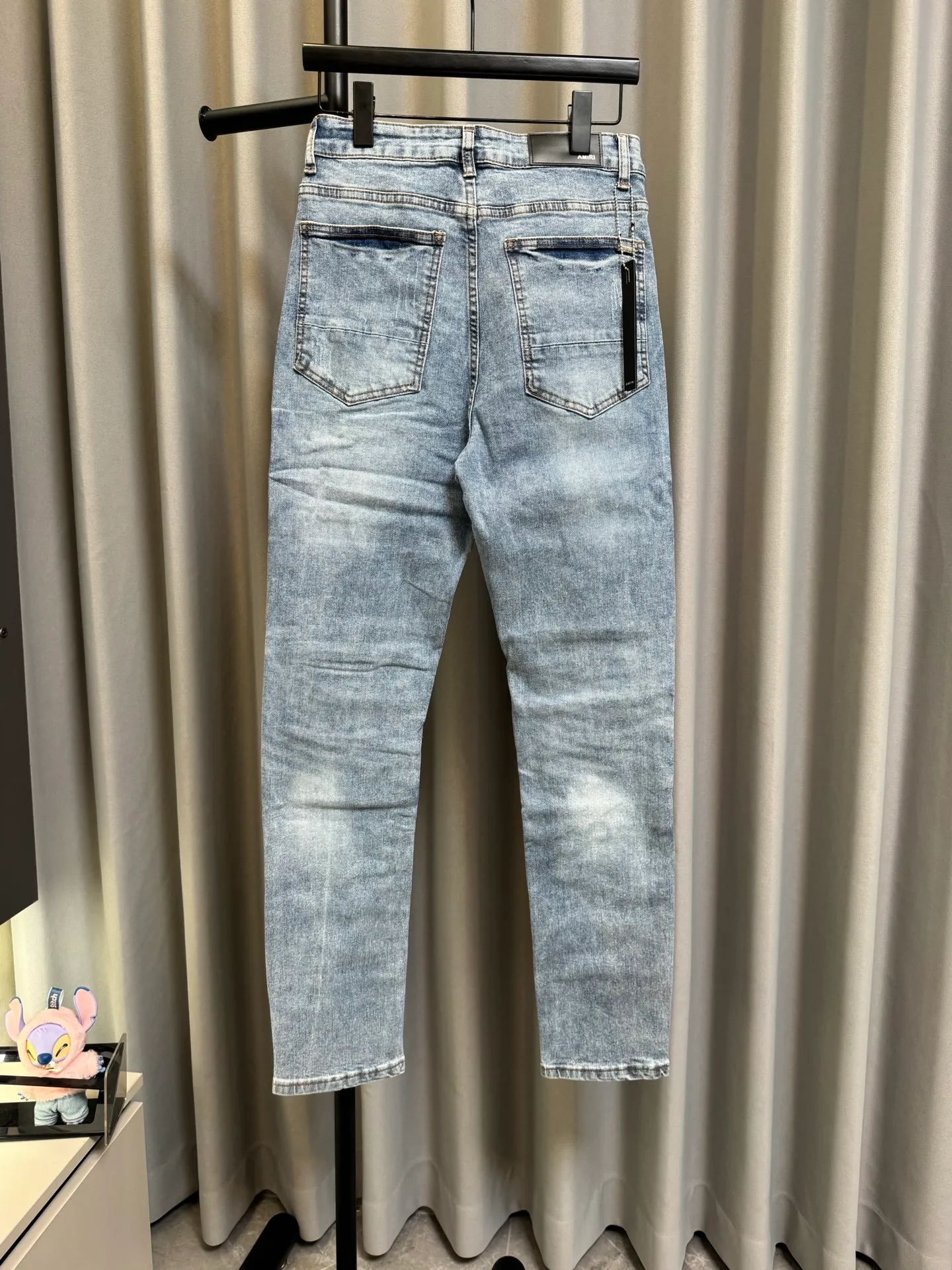 [High version] Amiri MX 1 26Ss patchwork leather ripped knife-cut slim fit washed jeans (blue) Size: 28 30 32 34 (s-xl)