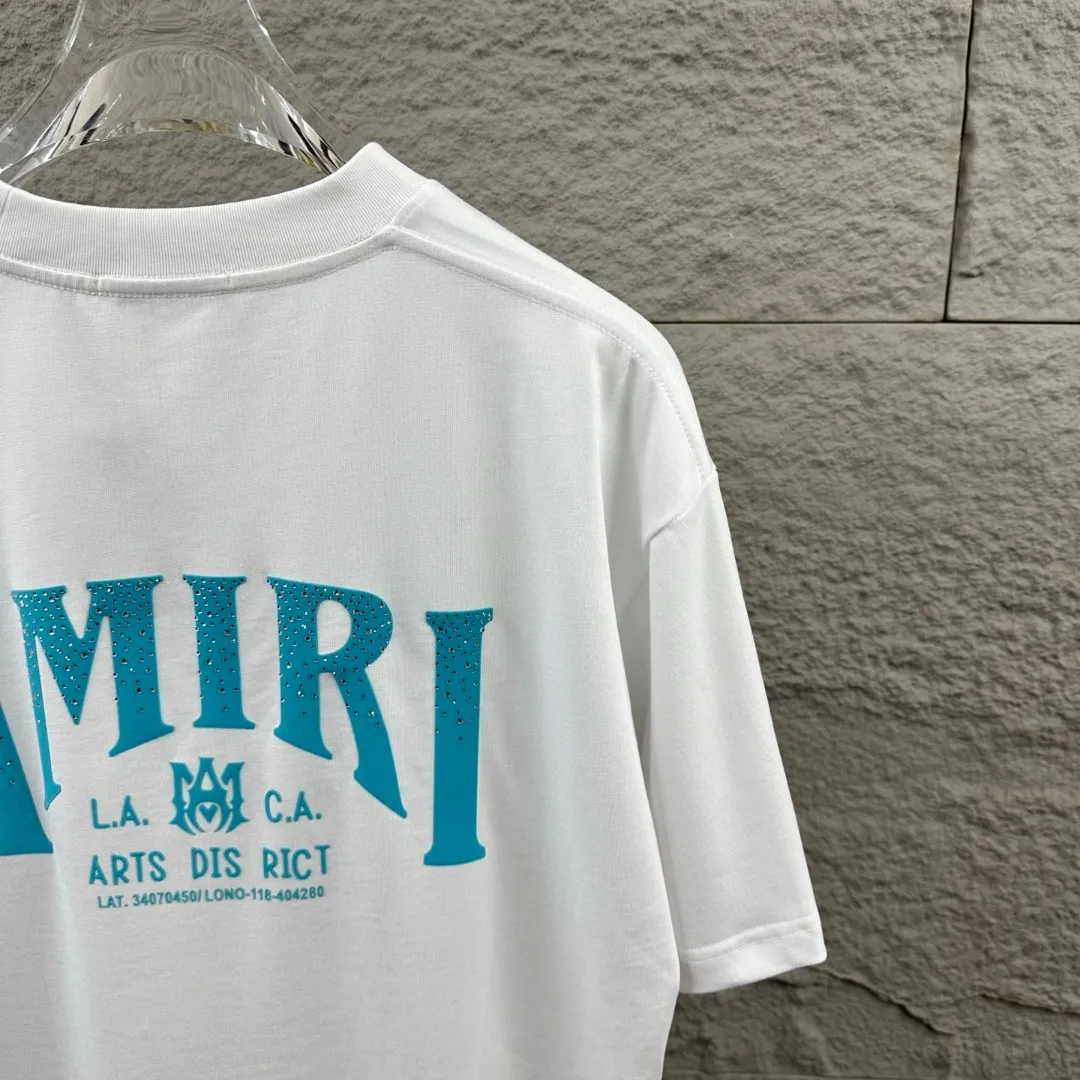 Amiri*Emile 2026 Early Spring and Summer New Arrival Customized plain cotton double yarn fabric Short-sleeved T-shirt Classic letter hot diamond + flocking technology Men and women Same Style Color: Black White Size: S (90-130 pounds) M (120-150 pounds) L (140-165 pounds) XL (160-180 pounds) XXL (180 pounds)