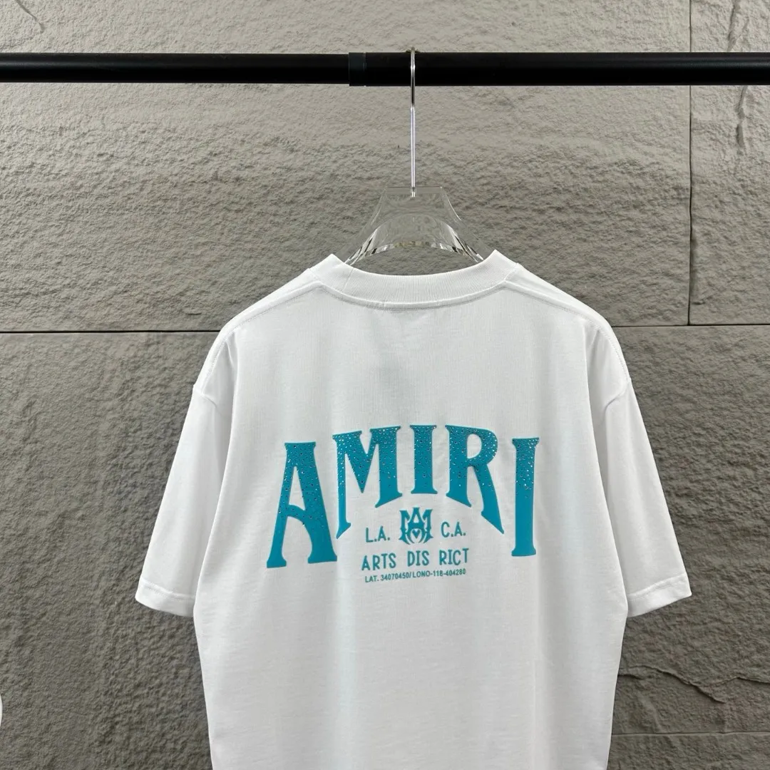 Amiri*Emile 2026 Early Spring and Summer New Arrival Customized plain cotton double yarn fabric Short-sleeved T-shirt Classic letter hot diamond + flocking technology Men and women Same Style Color: Black White Size: S (90-130 pounds) M (120-150 pounds) L (140-165 pounds) XL (160-180 pounds) XXL (180 pounds)