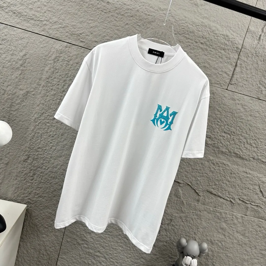 Amiri*Emile 2026 Early Spring and Summer New Arrival Customized plain cotton double yarn fabric Short-sleeved T-shirt Classic letter hot diamond + flocking technology Men and women Same Style Color: Black White Size: S (90-130 pounds) M (120-150 pounds) L (140-165 pounds) XL (160-180 pounds) XXL (180 pounds)