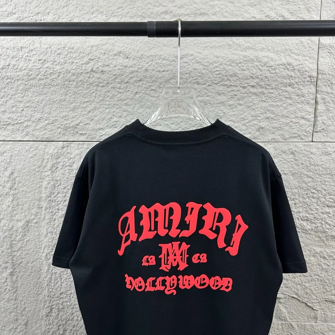 Amiri*Emile 2026 Early Spring and Summer New Arrival Customized plain cotton double yarn fabric Short-sleeved T-shirt Classic letter three-dimensional flocking technology Men and women Same Style Color: Black White Size: S (90-130 pounds) M (120-150 pounds) L (140-165 pounds) XL (160-180 pounds) XXL (180 pounds)