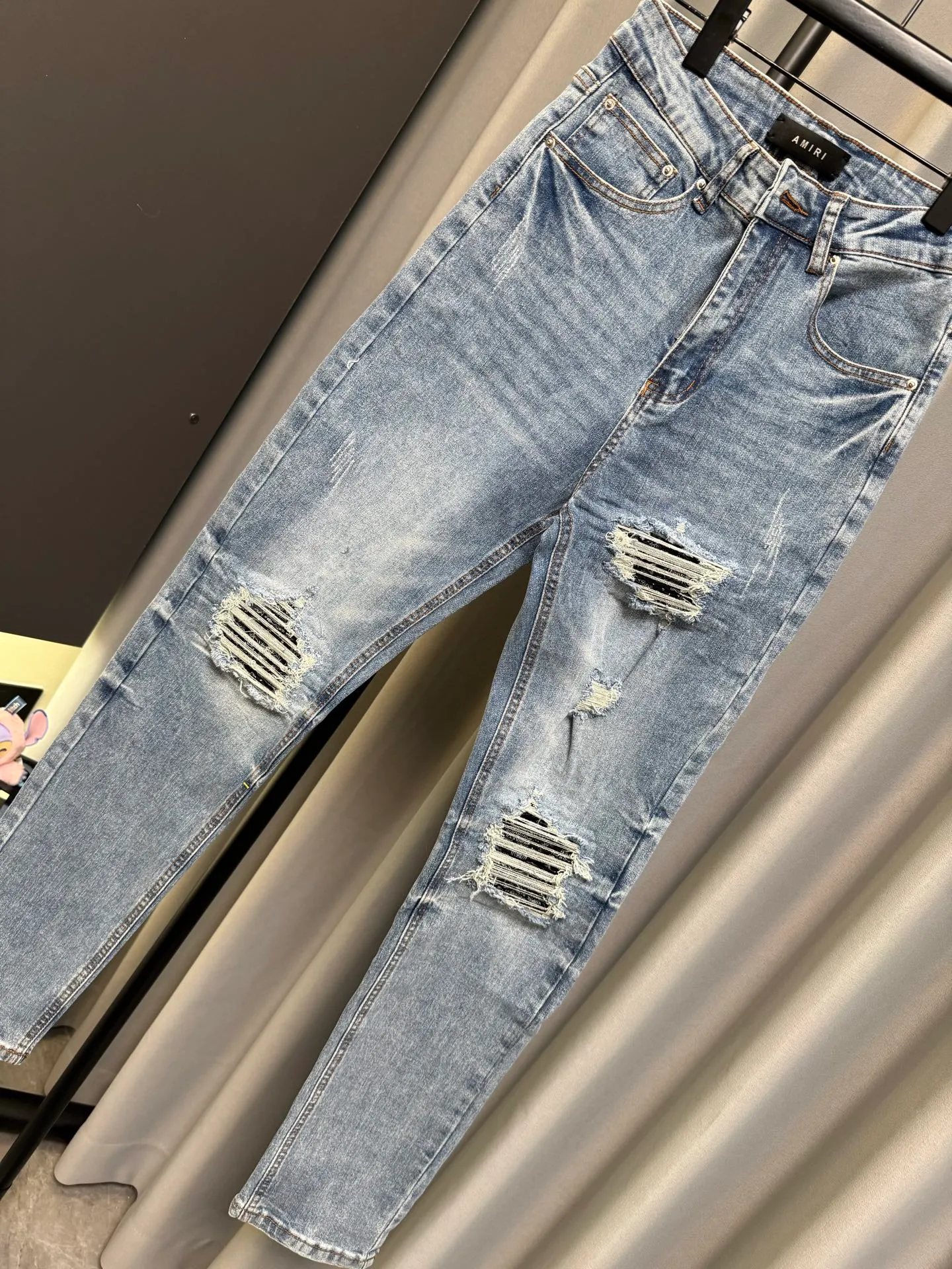 [High version] Amiri MX 1 26Ss cashew flower ripped slim fit washed jeans (blue) Size: 28 30 32 34 (s-xl)