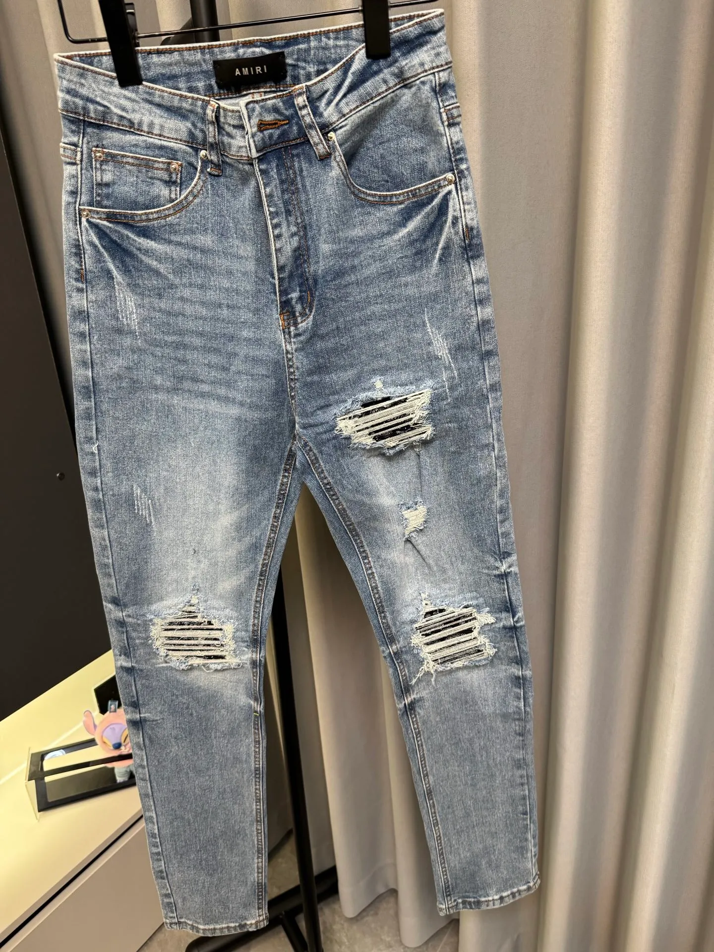 [High version] Amiri MX 1 26Ss cashew flower ripped slim fit washed jeans (blue) Size: 28 30 32 34 (s-xl)