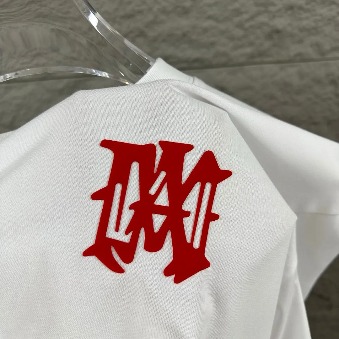 Amiri*Emile 2026 Early Spring and Summer New Arrival Customized plain cotton double yarn fabric Short-sleeved T-shirt Classic letter three-dimensional flocking technology Men and women Same Style Color: Black White Size: S (90-130 pounds) M (120-150 pounds) L (140-165 pounds) XL (160-180 pounds) XXL (180 pounds)