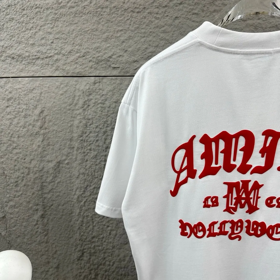 Amiri*Emile 2026 Early Spring and Summer New Arrival Customized plain cotton double yarn fabric Short-sleeved T-shirt Classic letter three-dimensional flocking technology Men and women Same Style Color: Black White Size: S (90-130 pounds) M (120-150 pounds) L (140-165 pounds) XL (160-180 pounds) XXL (180 pounds)