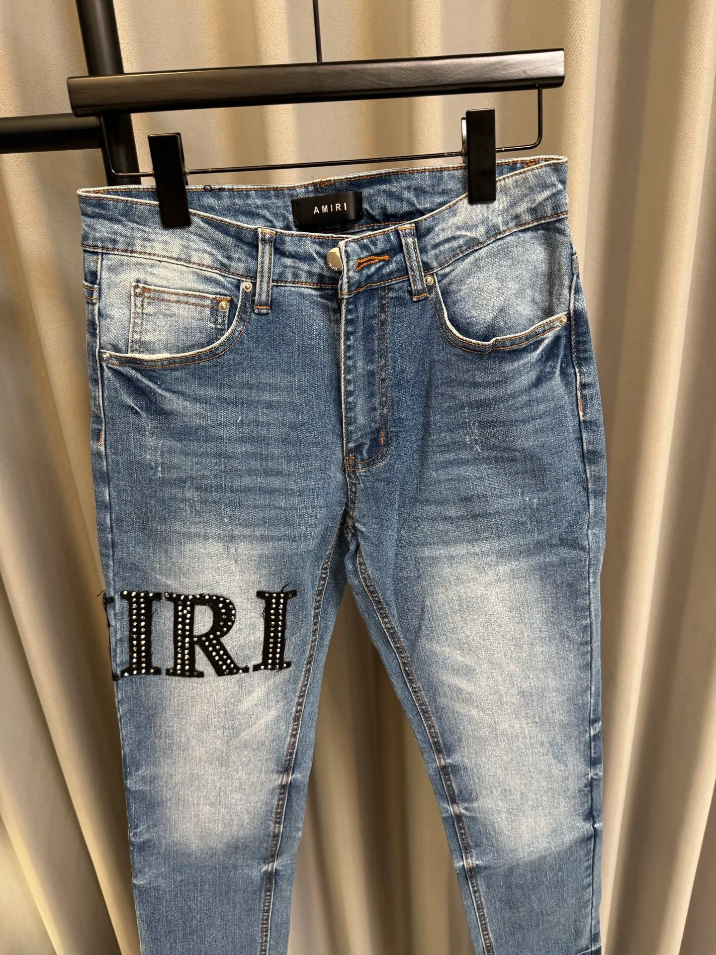 [High version] Amiri MX 1 26Ss Letter rivet slim fit washed jeans (blue) Size: 28 30 32 34 (s-xl)