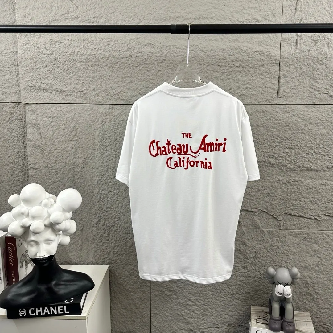 Amiri*Emile 2026 Early Spring and Summer New Arrival Customized plain cotton double yarn fabric Short-sleeved T-shirt Classic letter three-dimensional flocking technology Men and women Same Style Color: Black White Size: S (90-130 pounds) M (120-150 pounds) L (140-165 pounds) XL (160-180 pounds) XXL (180 pounds)