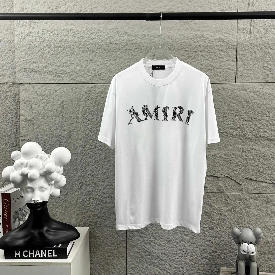 Amiri*Emile 2026 Early Spring and Summer New Arrival Customized plain cotton double yarn fabric Short-sleeved T-shirt Classic letter pyrography process Men and women Same Style Color: Black White Size: S (90-130 pounds) M (120-150 pounds) L (140-165 pounds) XL (160-180 pounds) XXL (180 pounds)