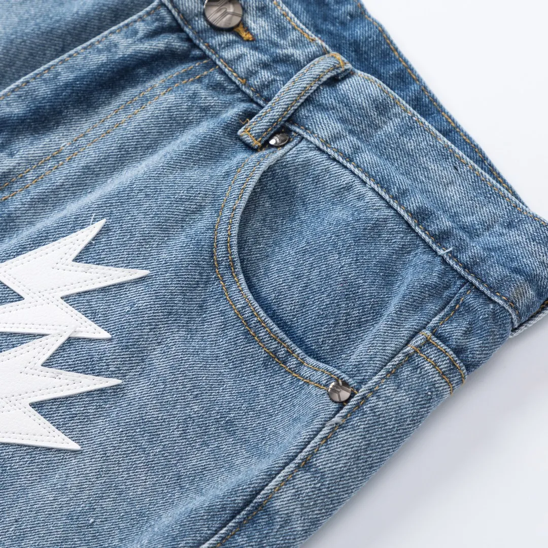 Amexnocap lightning jeans are created using vintage Levis jeans as the base plate. Laser cut small Cowhide Leather lightning bolts are combined with the Classic base plate. This is the reason why the price of these pants doubles. 3 colors Sizes 30-36