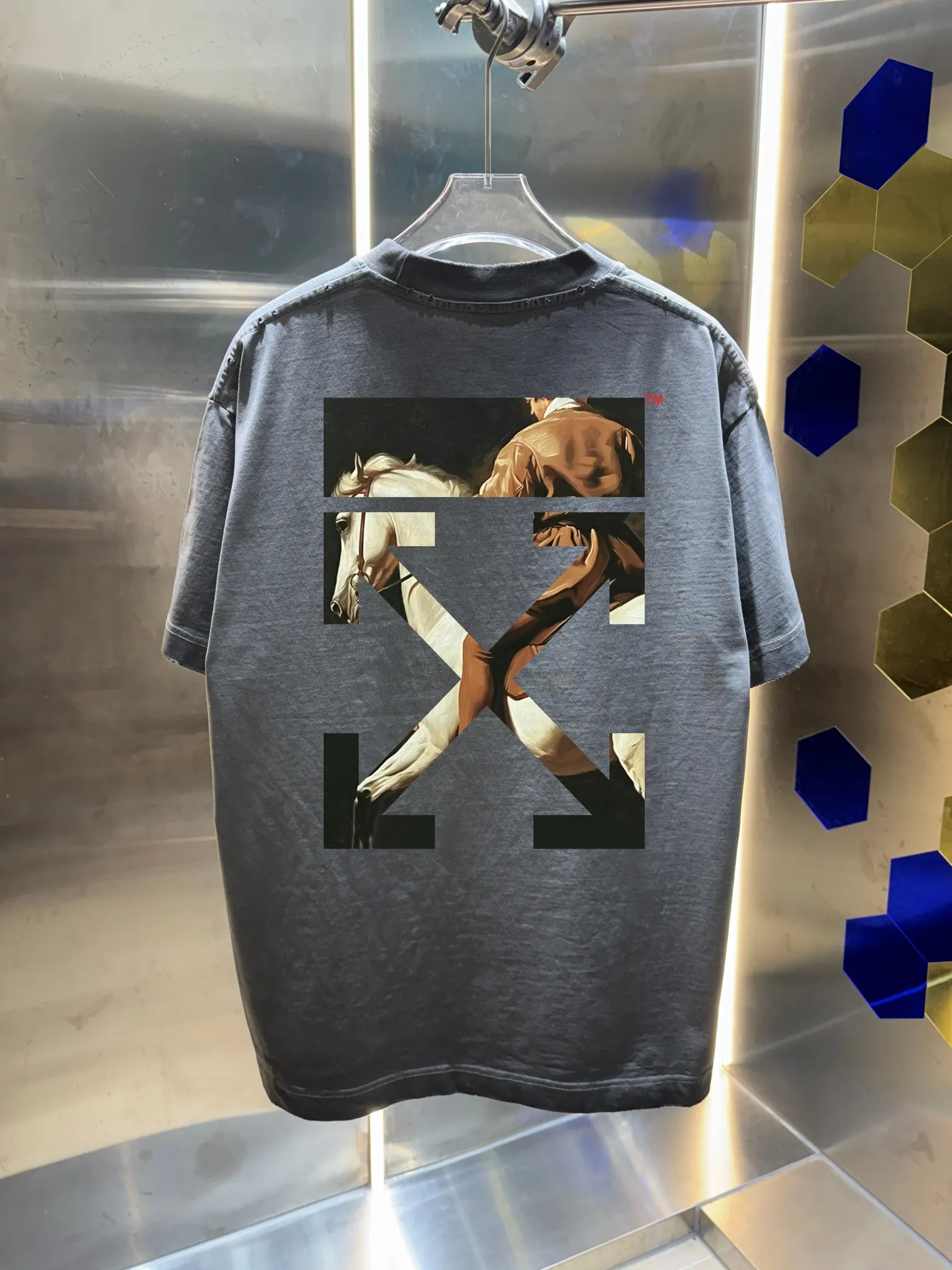 OFF-white/2026 Spring/Summer New Arrival Washed and worn 320g round neck short-sleeved tee, same style loose version for men and women, hangtag, collar label, wash mark, three labels complete Color: Washed black, Washed white, Washed gray, Washed brown, Washed red Size: S M L XL XXL