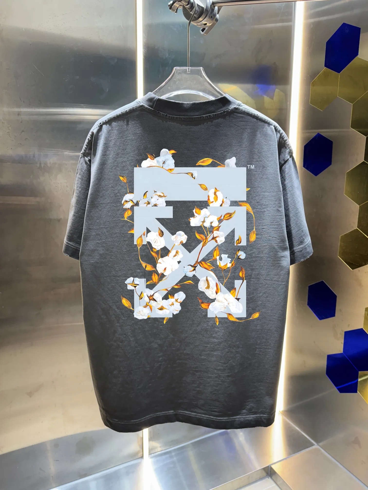 OFF-white/2026 Spring/Summer New Arrival Washed and worn 320g round neck short-sleeved tee, same style loose version for men and women, hang tag, collar label, wash mark, complete with three labels Color: wash black, wash white, wash gray, wash purple, wash green Size: S M L XL XXL