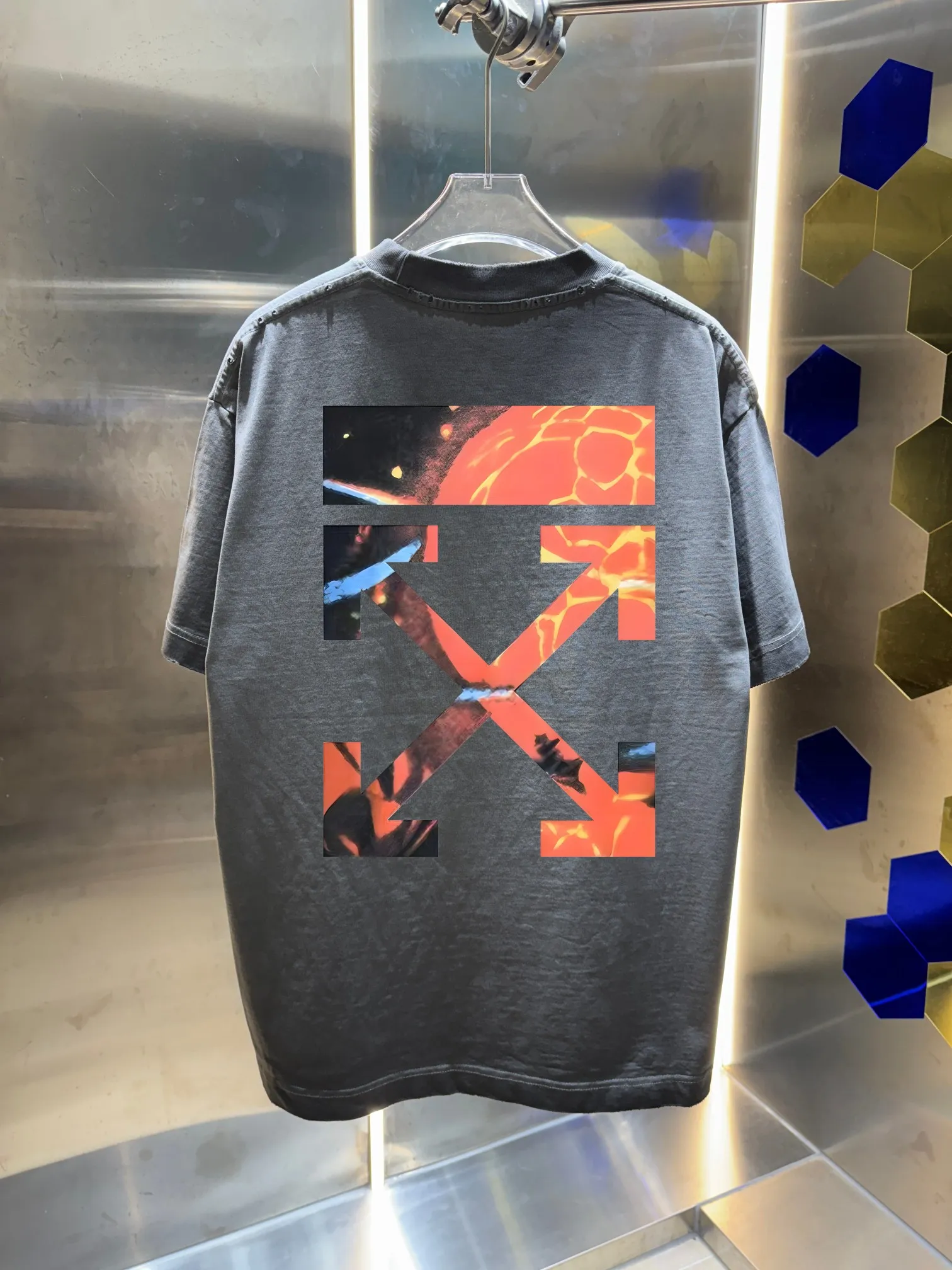 OFF-white/2026 Spring/Summer New Arrival Washed and worn 320g round neck short-sleeved tee, same style loose version for men and women, hangtag, collar label, wash mark, complete with three labels Color: Washed black, Washed white, Washed gray, Brown Size: S M L XL XXL