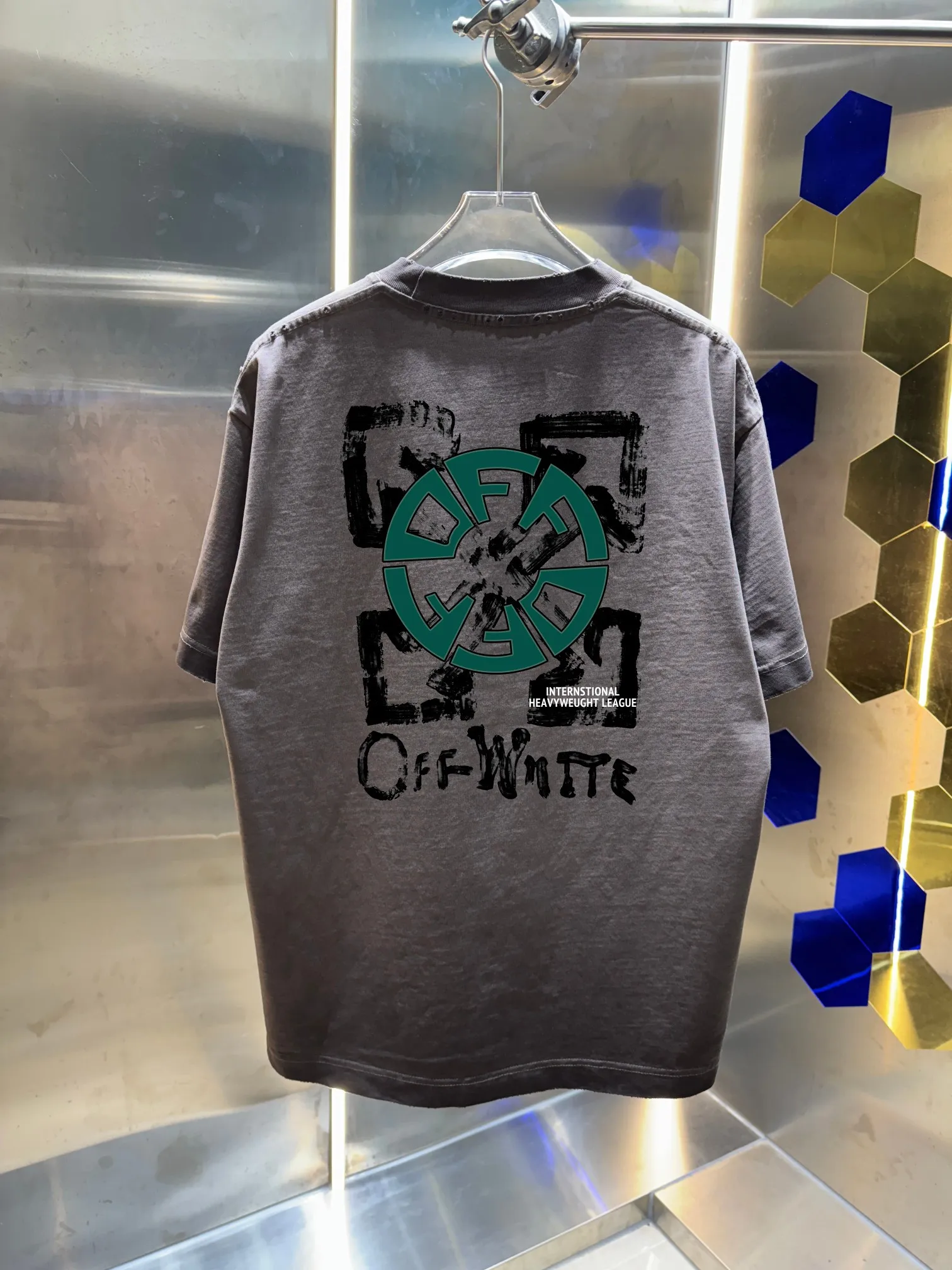 OFF-white/2026 Spring/Summer New Arrival Washed and worn 320g round neck short-sleeved tee, same style loose version for men and women, hangtag, collar label, wash mark, complete with three labels Color: Washed black, Washed white, Washed gray, Brown Size: S M L XL XXL