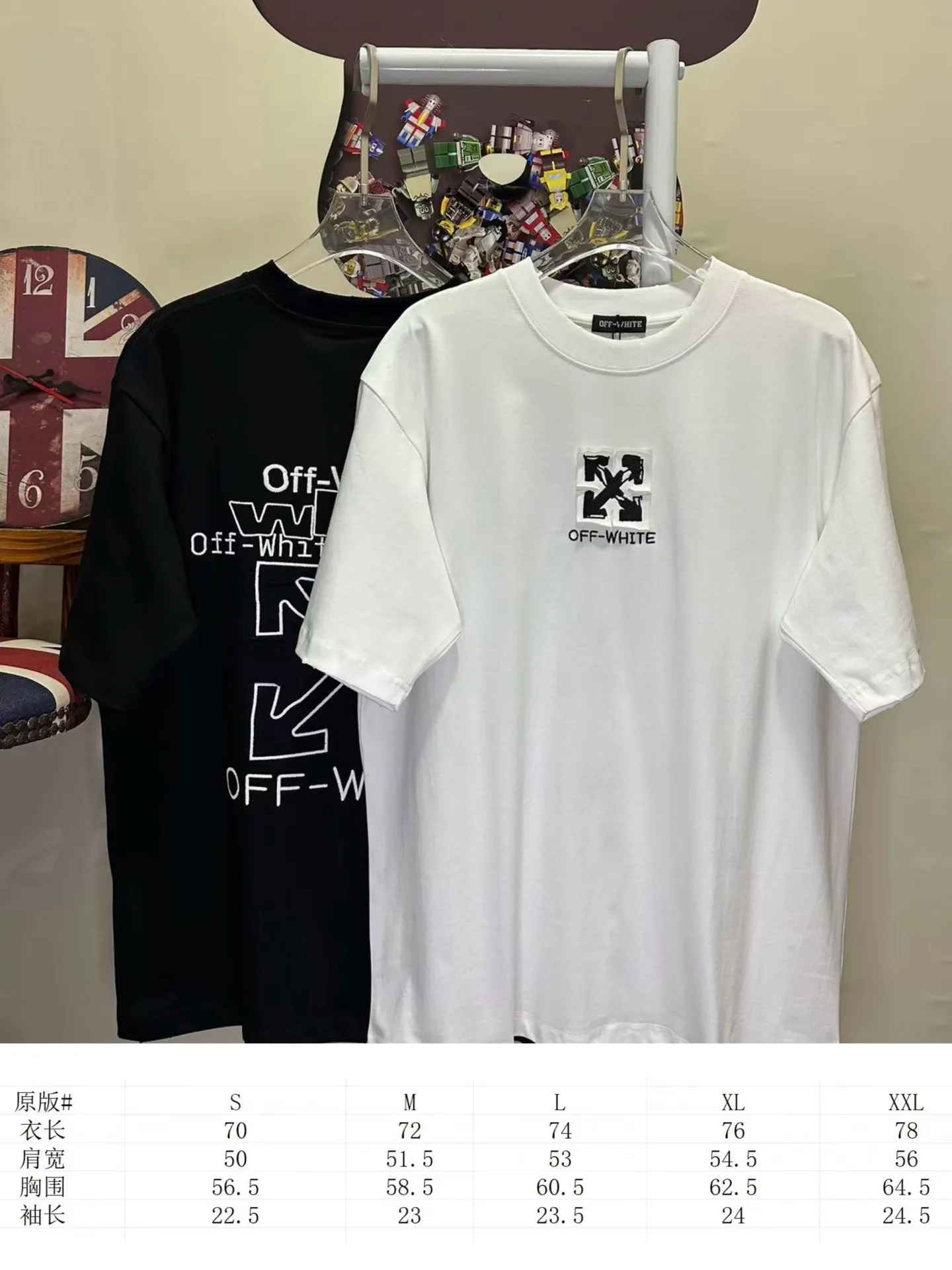 L 26733#P95💰OFF WHITE* New for spring and summer, original ⌚️ high version (heavy industry) OFF WHITE The fabric is made of 280g high-density pure cotton fabric. It does not deform or shrink. Process introduction: double thread movement. The front and rear panels use high-density fine patch embroidery🪡 technology. Color: Black White SIZE: S-XXL