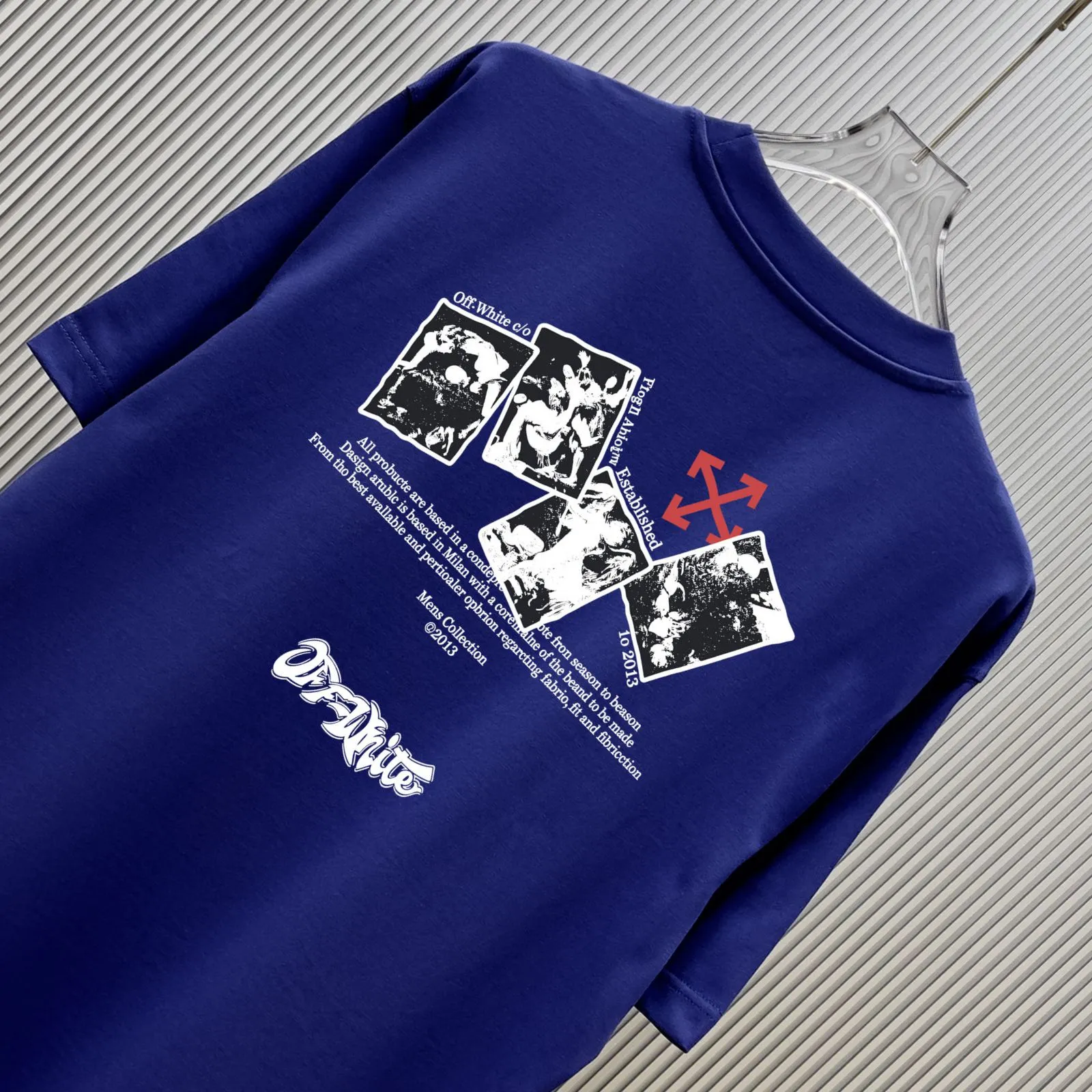 85💰 (Strictly control Quality) Style: off-white short-sleeved T-shirt Fabric: 300g double yarn 100% cotton Rib: 320g Sorona 1*1 trendy brand Process: Printing Color: White Pink Gray Blue Cool Blue Black Size: M-4XL No gender distinction Men and women Same Style