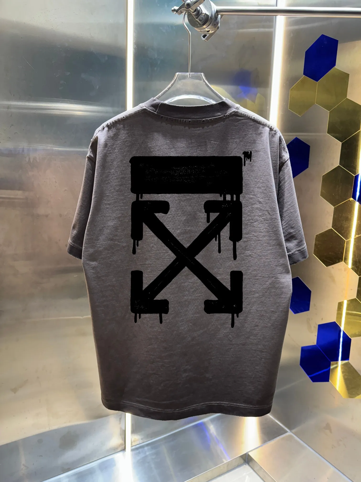 OFF-white/2026 Spring/Summer New Arrival Washed and worn 320g round neck short-sleeved tee, same style loose version for men and women, hangtag, collar label, wash mark, complete with three labels Color: Washed black, Washed white, Washed gray, Brown Size: S M L XL XXL