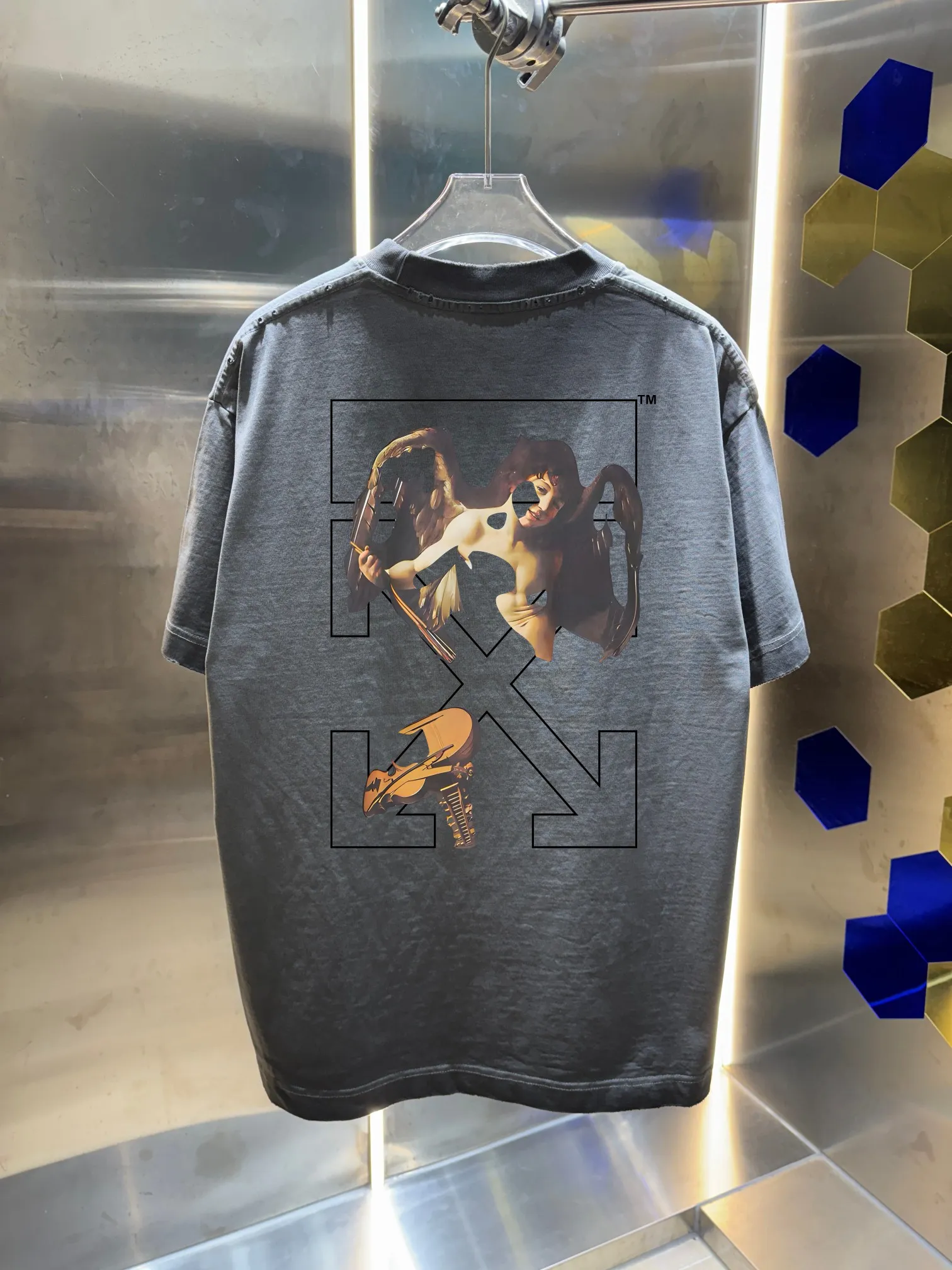 OFF-white/2026 Spring/Summer New Arrival Washed and worn 320g round neck short-sleeved tee, same style loose version for men and women, hangtag, collar label, wash mark, complete with three labels Color: Washed black, Washed white, Washed gray, Brown Size: S M L XL XXL
