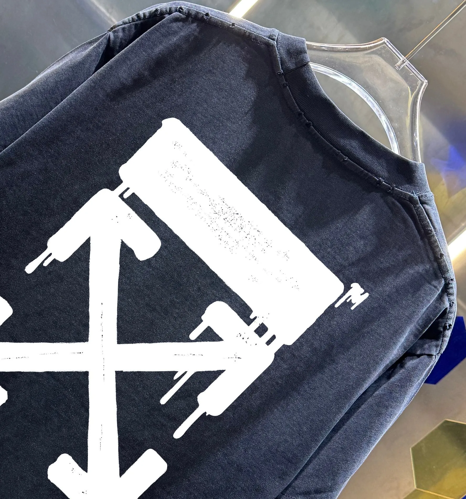 OFF-white/2026 Spring/Summer New Arrival Washed and worn 320g round neck short-sleeved tee, same style loose version for men and women, hangtag, collar label, wash mark, complete with three labels Color: Washed black, Washed white, Washed gray, Brown Size: S M L XL XXL