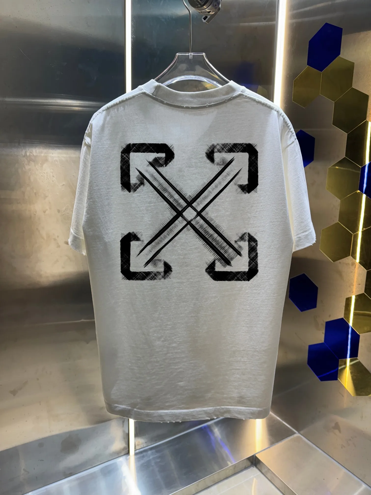 OFF-white/2026 Spring/Summer New Arrival Washed and worn 320g round neck short-sleeved tee, same style loose version for men and women, hang tag, collar label, wash mark, three labels complete Color: Washed black, Washed white, Washed gray, Brown Size: S M L XL XXL​