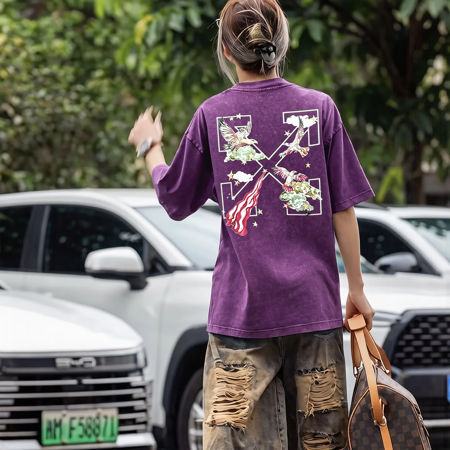 "𝙉𝙚𝙬⚜️off" 2026 Spring and Summer New Arrival short-sleeved T-shirt, 32 counts of 275g double yarn cotton, old washed and fried snowflake print Color: Orange Black Taro Purple Apricot Sizes: S M L XL XXL