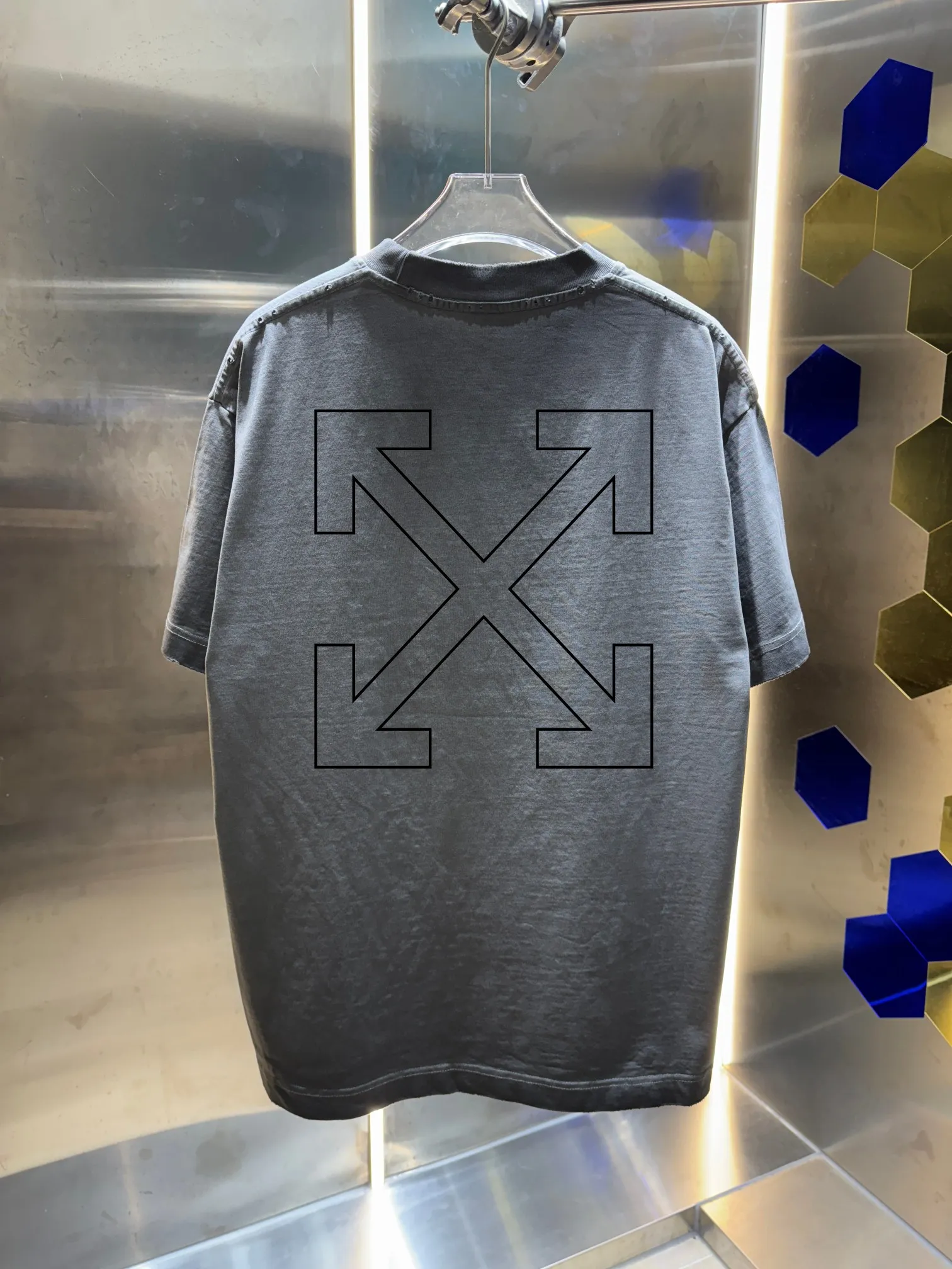 OFF-white/2026 Spring/Summer New Arrival Washed and worn 320g round neck short-sleeved tee, same style loose version for men and women, hangtag, collar label, wash mark, complete with three labels Color: Washed black, Washed white, Washed gray, Brown Size: S M L XL XXL