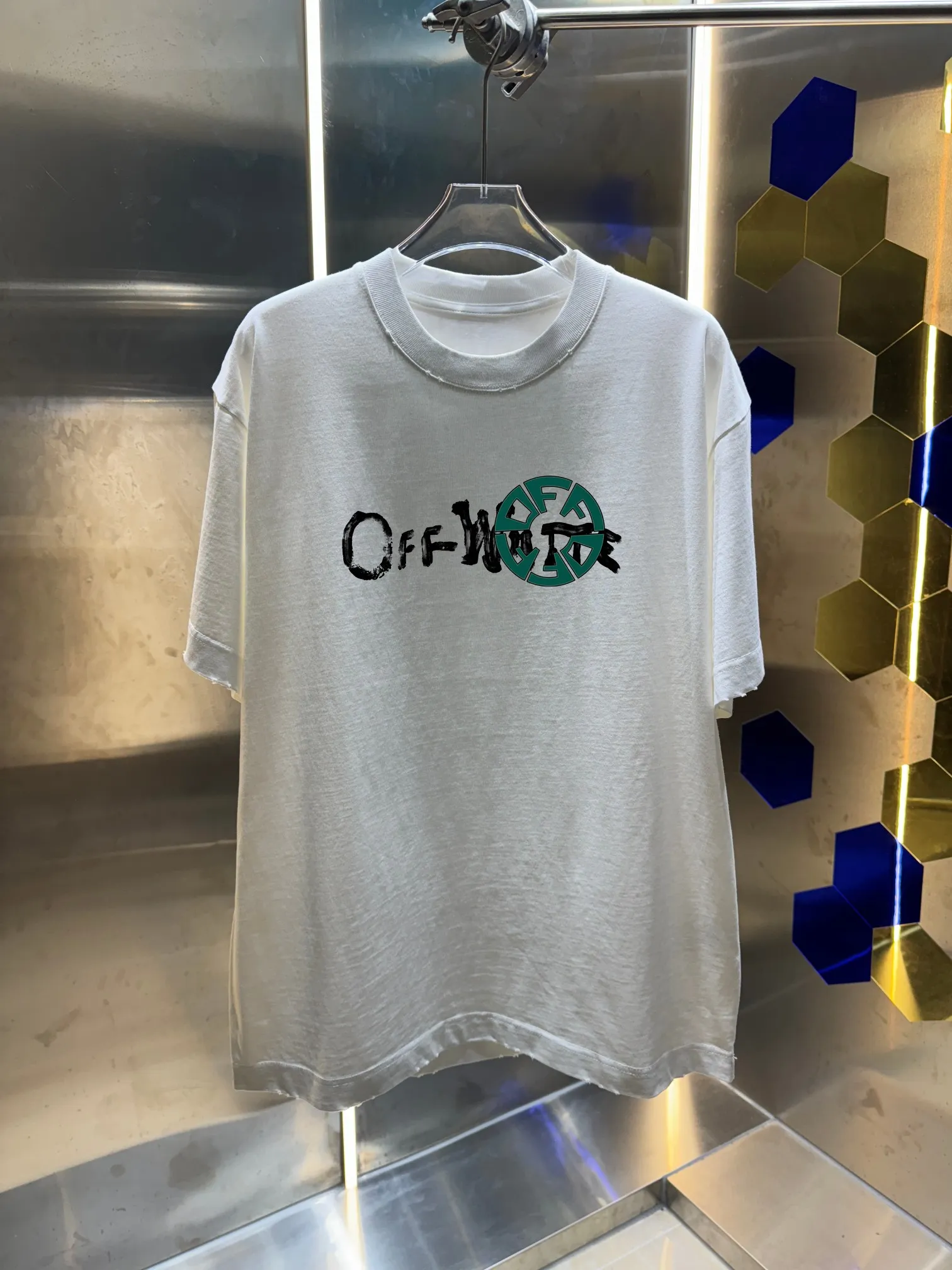 OFF-white/2026 Spring/Summer New Arrival Washed and worn 320g round neck short-sleeved tee, same style loose version for men and women, hangtag, collar label, wash mark, complete with three labels Color: Washed black, Washed white, Washed gray, Brown Size: S M L XL XXL