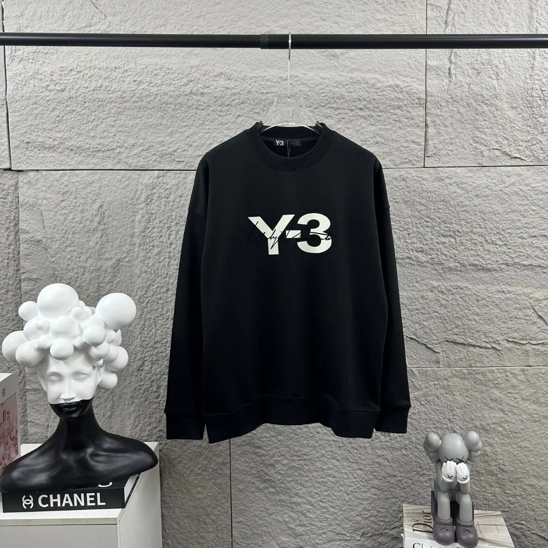 Y 3*Yamamoto*Yoji 2026 Early Autumn and Winter New Arrival Simple flocking technology Customized terry fabric Long-sleeved round neck sweatshirt Men and women Same Style Color: Black White Size: S (90-130 pounds) M (120-150 pounds) L (140-165 pounds) XL (160-180 pounds) XXL (180 pounds)