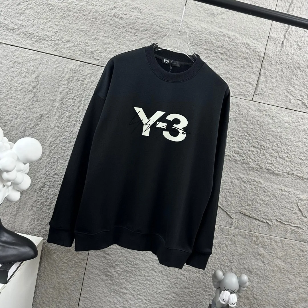 Y 3*Yamamoto*Yoji 2026 Early Autumn and Winter New Arrival Simple flocking technology Customized terry fabric Long-sleeved round neck sweatshirt Men and women Same Style Color: Black White Size: S (90-130 pounds) M (120-150 pounds) L (140-165 pounds) XL (160-180 pounds) XXL (180 pounds)