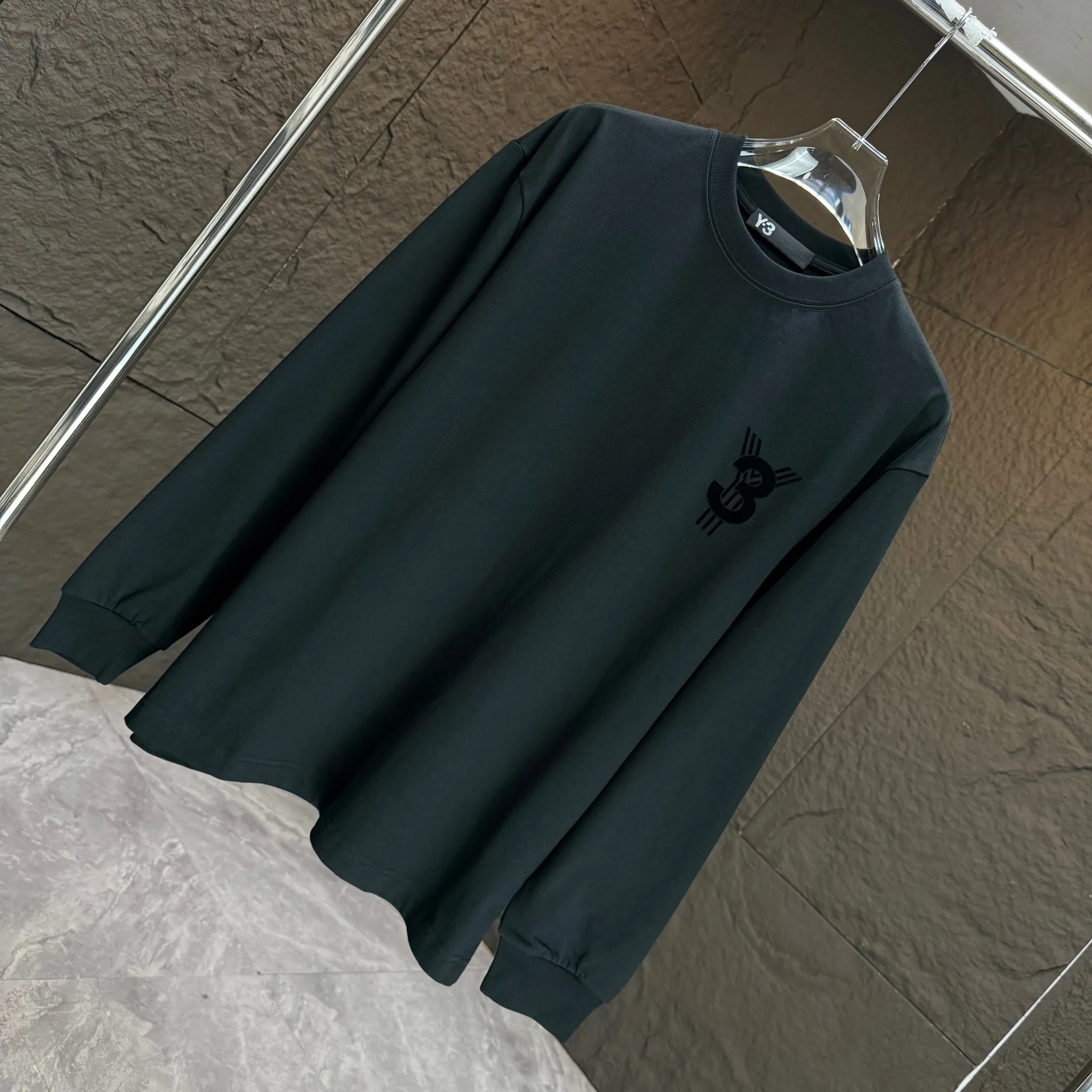 Y 3 Yohji Yamamoto 2025 Autumn and Winter New Arrival thick long-sleeved T-shirt gram pure cotton letter logo flocking Color: Black White Angora Red Sizes: S M L XL