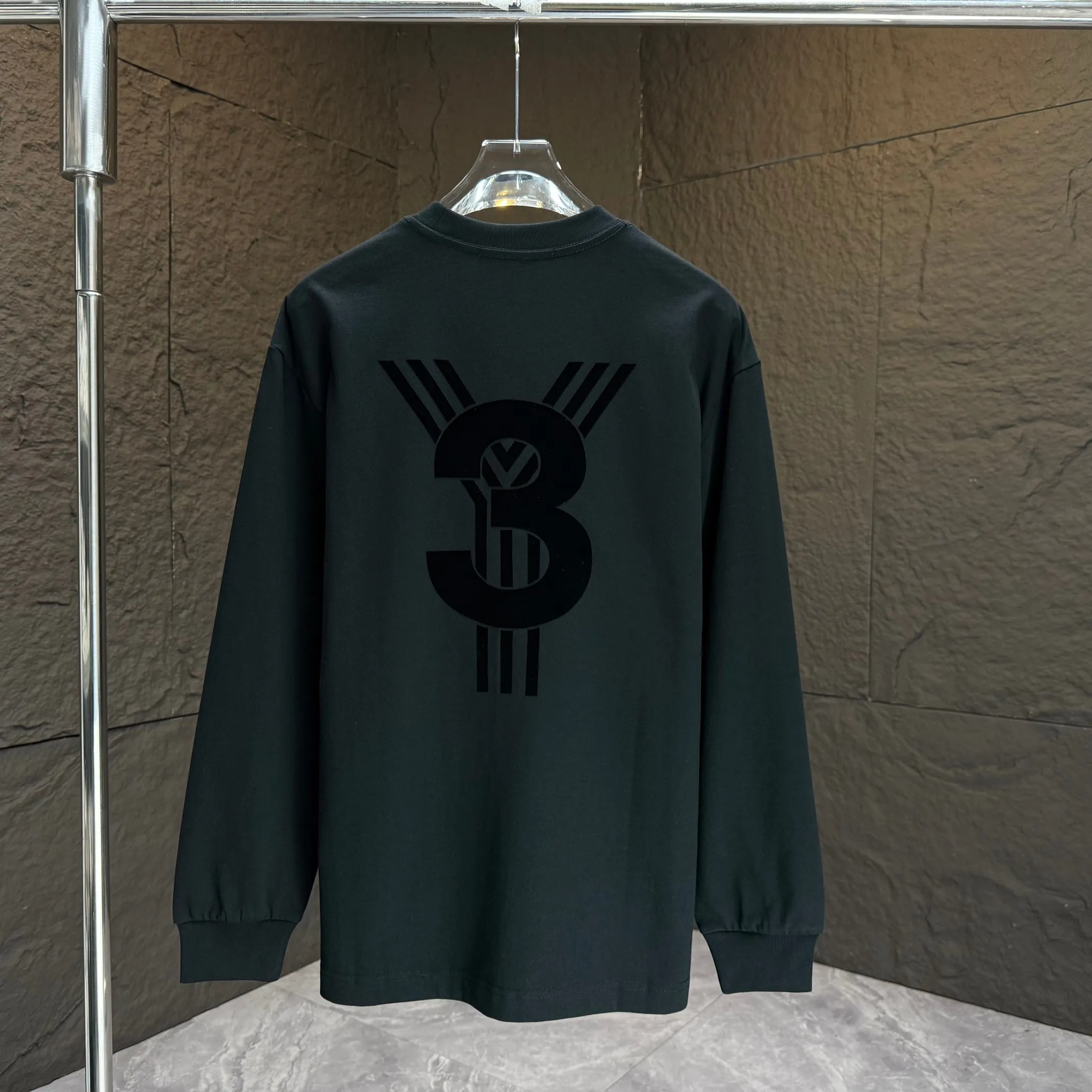 Y 3 Yohji Yamamoto 2025 Autumn and Winter New Arrival thick long-sleeved T-shirt gram pure cotton letter logo flocking Color: Black White Angora Red Sizes: S M L XL