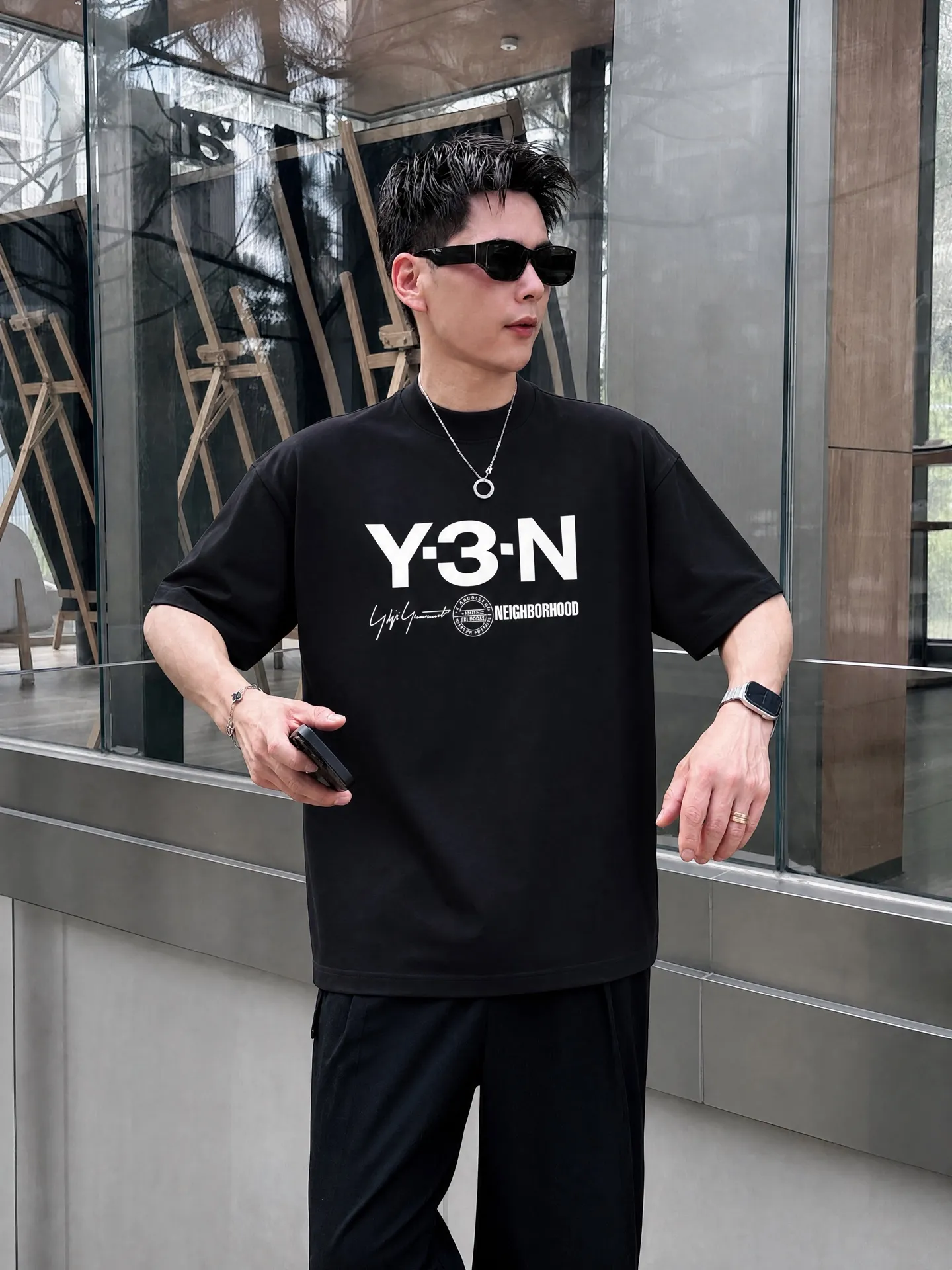 Y 3～ Front and back letter logo signature thick plate Epoxy "Difference currency fabric" Double yarn pure cotton, tight yarn short-sleeved T-shirt top short-sleeved tee The upper body is very comfortable, Same Style half-sleeves for men and women, dropped shoulders loose version Color: Black White Coffee Brown Size: S (90-130 pounds) M (125-150 pounds) L (135-165 pounds) XL (160-190 pounds) XXL (185 kilograms)