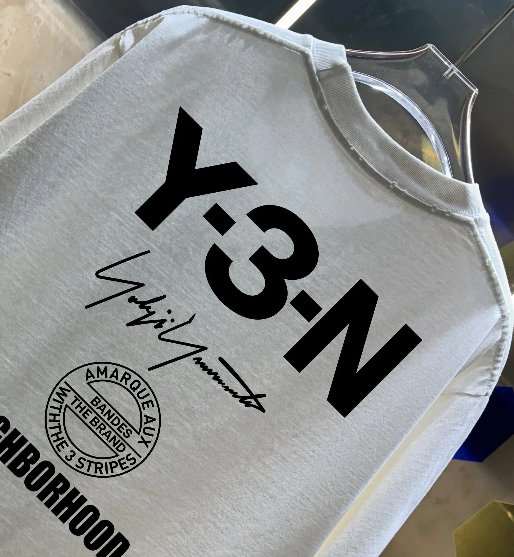 Y 3*Yamamoto*Yoji 2026 Spring and Summer New Arrival Simple signature letter printing technology Y-3 Washed and worn Round neck short-sleeved T-shirt Men and women Same Style Tag Collar label Washed mark Complete with three labels Color: Washed black Washed white Washed gray Brown Size: S M L XL XXL