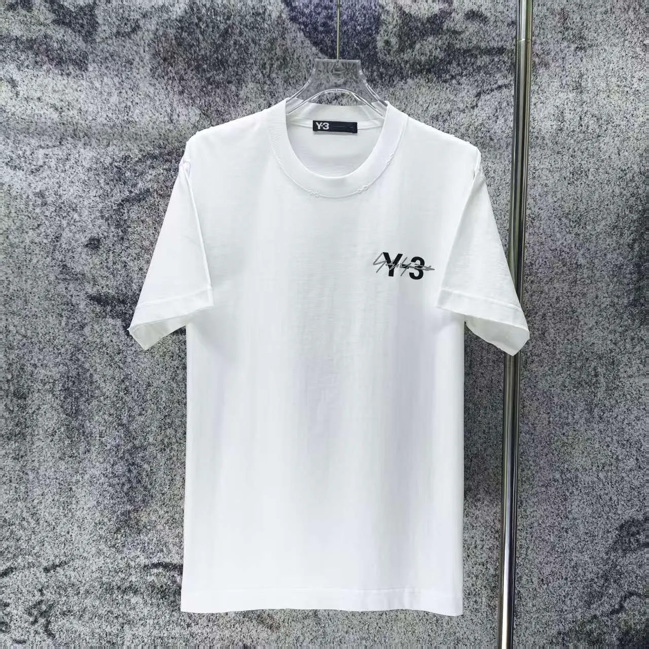 Y 3 Yohji Yamamoto 2026 Spring and Summer New Arrival g neck sleeves frayed washed and distressed flocked hot silver logo short-sleeved T-shirt loose fit for men and women Same Style Size S M L XL XXL Wash Black Wash White Wash Gray