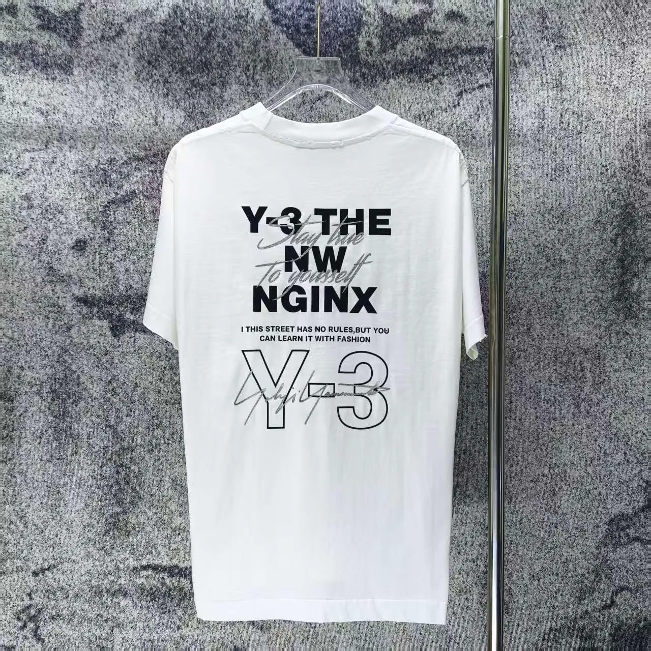 Y 3 Yohji Yamamoto 2026 Spring and Summer New Arrival g neck sleeves frayed washed and distressed flocked hot silver logo short-sleeved T-shirt loose fit for men and women Same Style Size S M L XL XXL Wash Black Wash White Wash Gray
