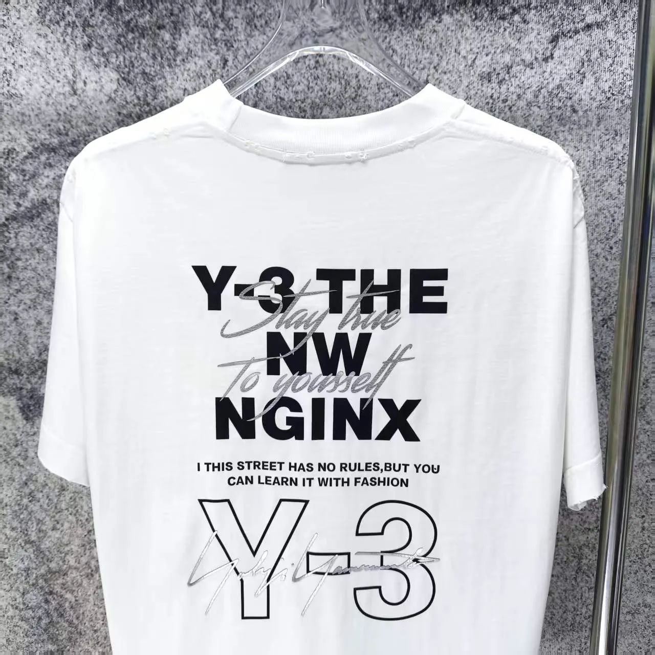 Y 3 Yohji Yamamoto 2026 Spring and Summer New Arrival g neck sleeves frayed washed and distressed flocked hot silver logo short-sleeved T-shirt loose fit for men and women Same Style Size S M L XL XXL Wash Black Wash White Wash Gray